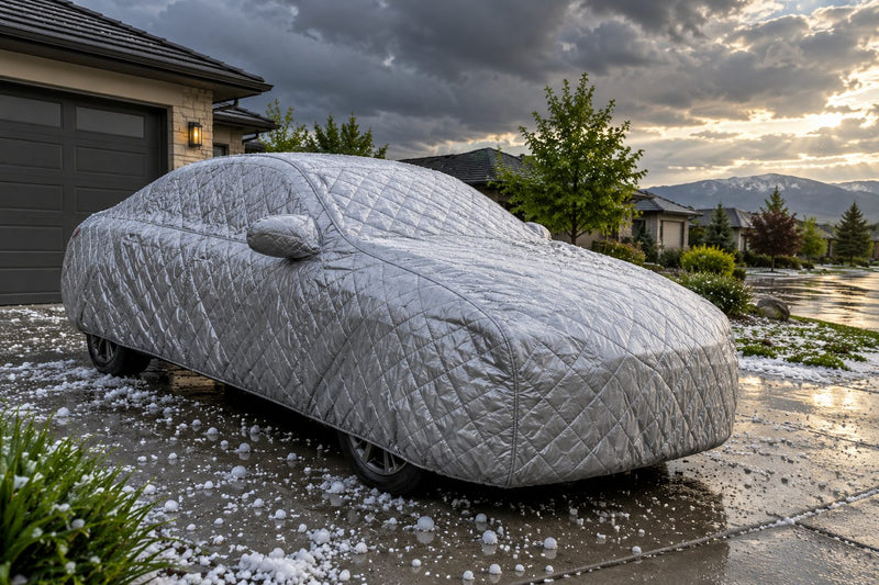Voiture sous une housse anti-grêle matelassée juste après l'orage, grêlons au sol