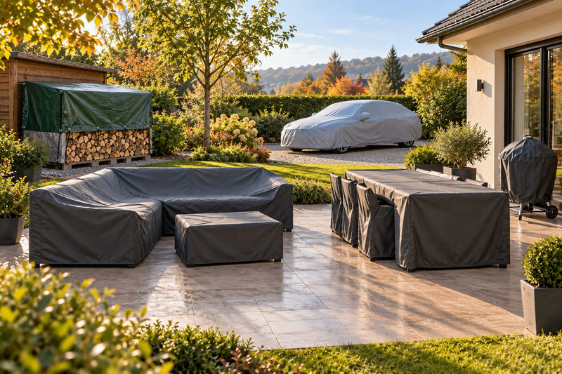 Jardin où voiture, mobilier, barbecue et tas de bois sont chacun protégés par une housse ou une bâche
