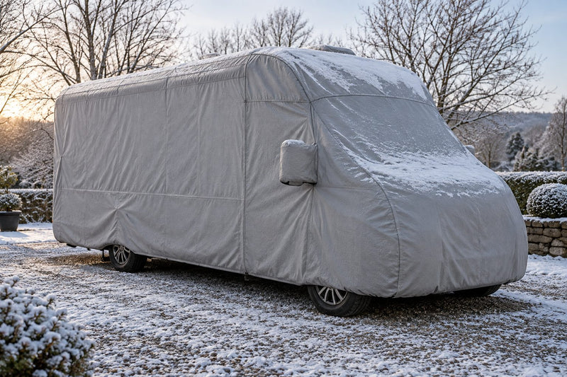 Camping-car sous une housse d'hivernage respirante, dans une allée de gravier sous une fine couche de neige