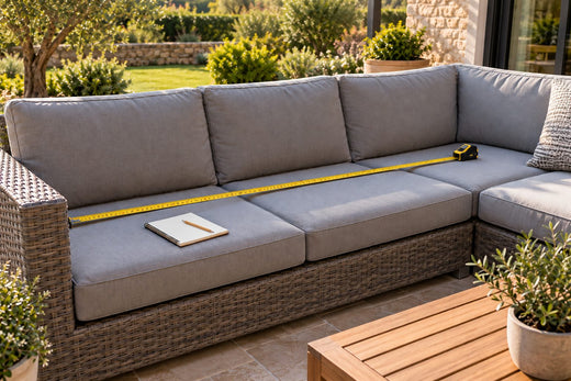 Mètre ruban déroulé sur la largeur d'un canapé de jardin, carnet vierge et crayon posés sur le coussin