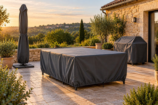 Table de jardin sous housse à cordon, parasol et plancha protégés sur une terrasse en pierre