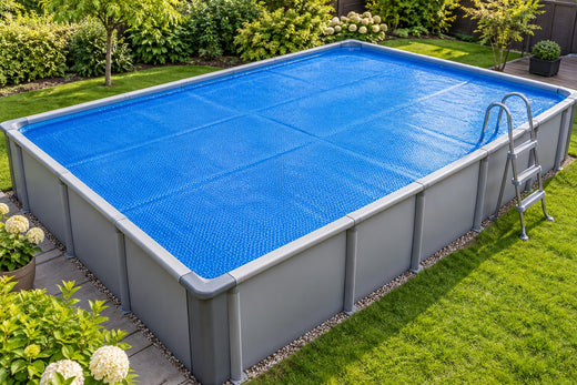 Piscine hors sol rectangulaire couverte d'une bâche à bulles bleue, vue en plongée