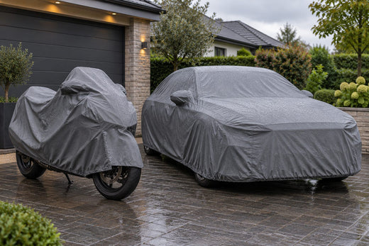 Moto et voiture côte à côte, chacune sous sa housse de protection, gouttes de pluie sur le tissu