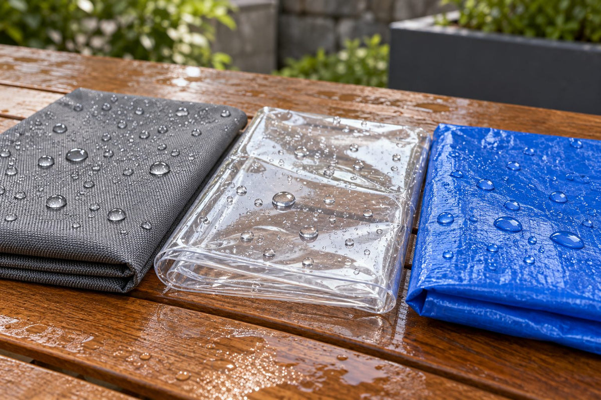Échantillons de tissu Oxford, de PVC transparent et de polyéthylène bleu, gouttes d'eau perlant sur chacun