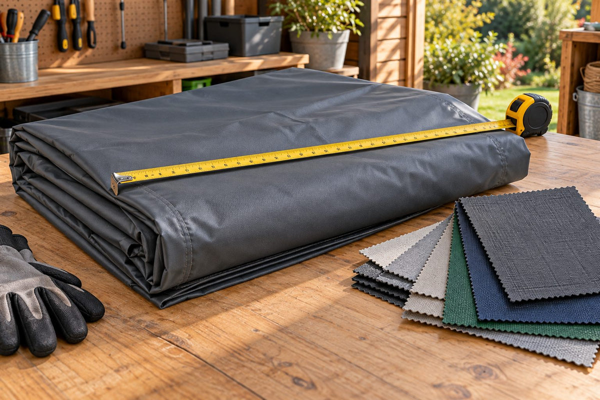 Housse pliée mesurée au mètre ruban sur une table d'atelier, échantillons de tissu à côté