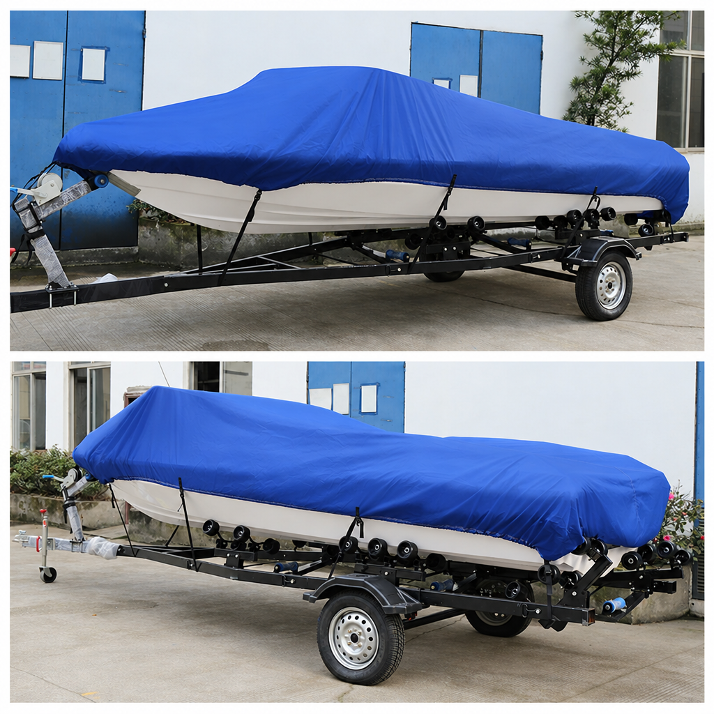 Housse bateau coque en V imperméable polyester Oxford 300D bleue, 530 x 290 cm
