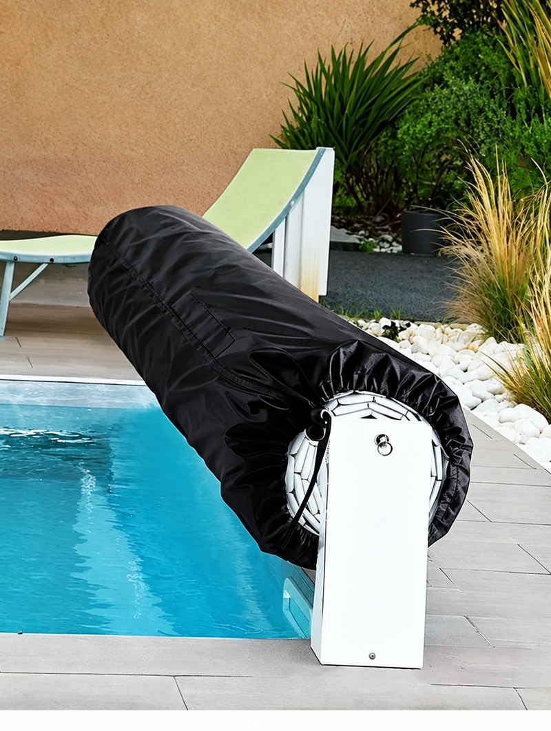 Housse enrouleur bâche solaire piscine noire en polyester enduit d'argent, de 495 à 730 cm