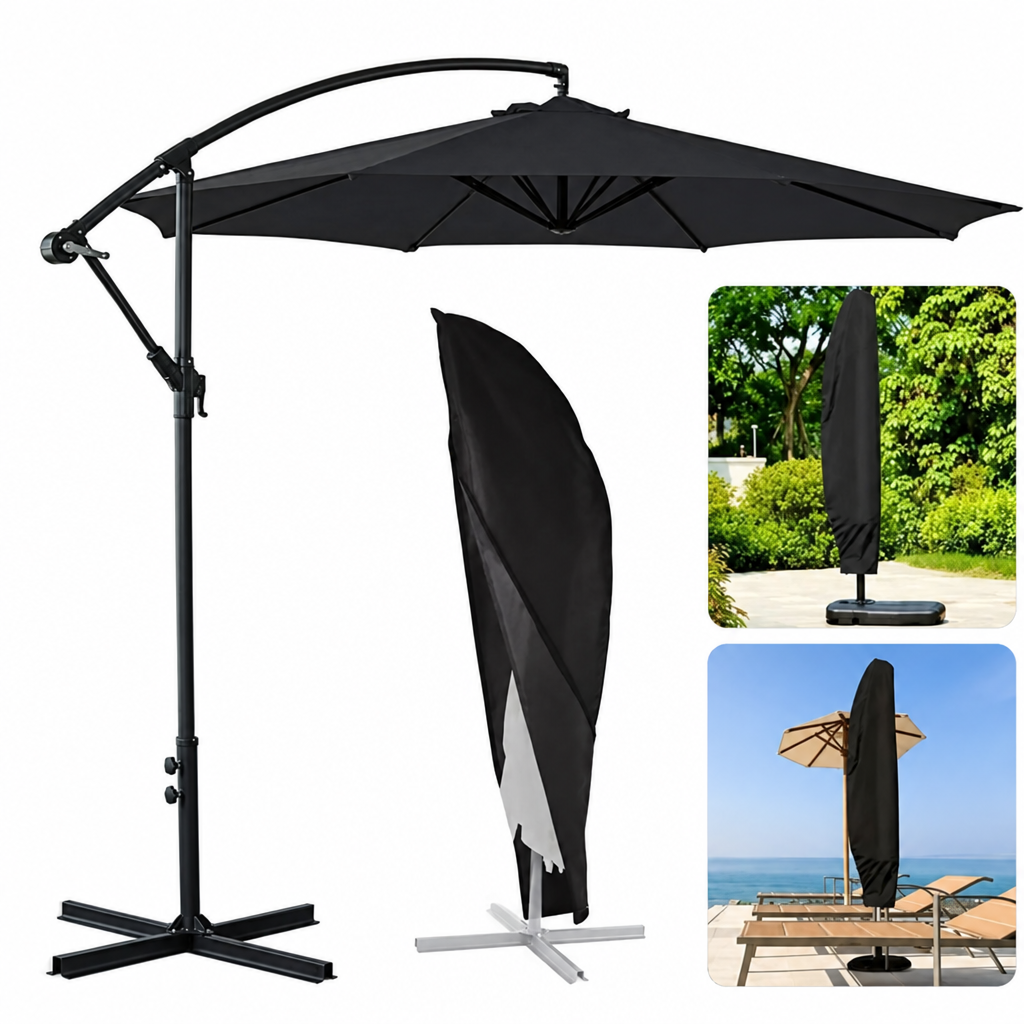 Housse parasol déporté noire imperméable et anti-UV, 3 hauteurs de 205 à 280 cm