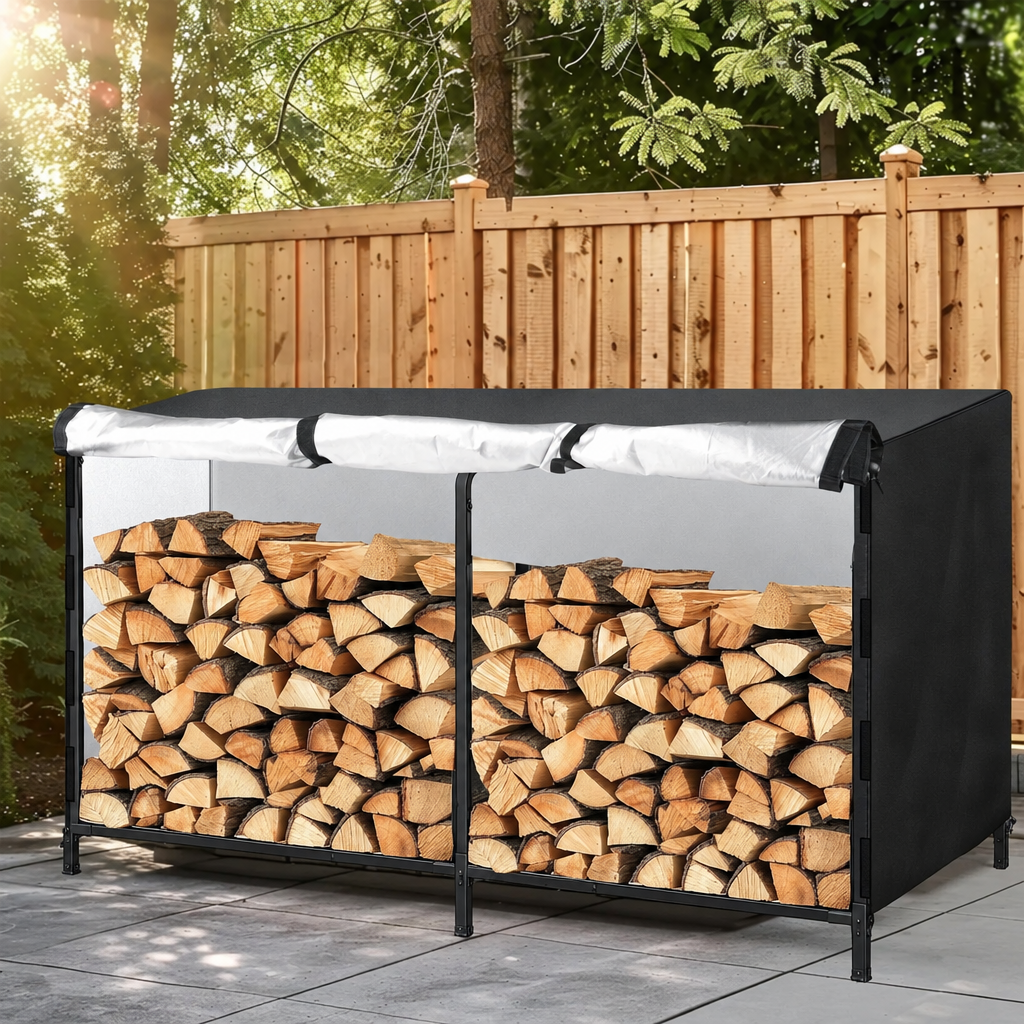 Housse de rack à bûches polyester 600D imperméable avec sac de rangement, 122 ou 244 cm
