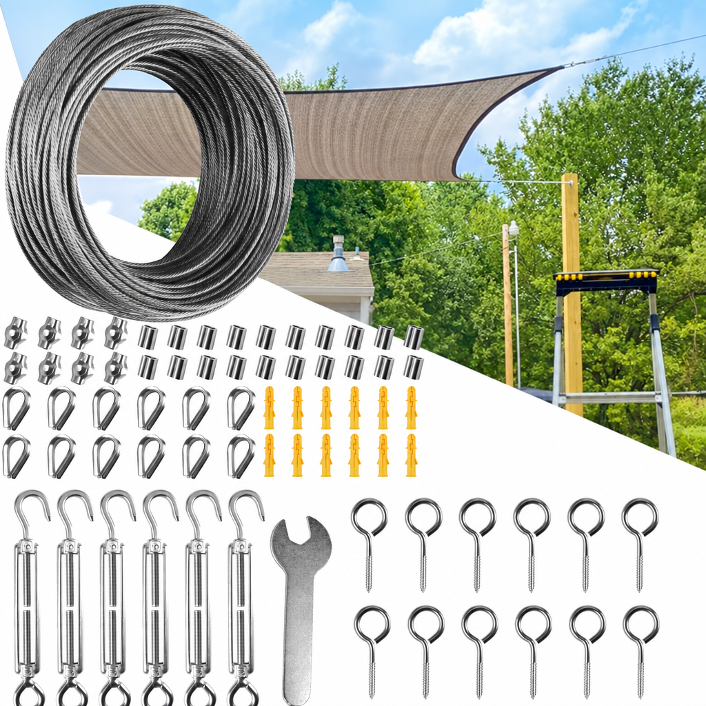 Kit de fixation voile d'ombrage avec câble inox 35 m, 6 tendeurs et 72 pièces