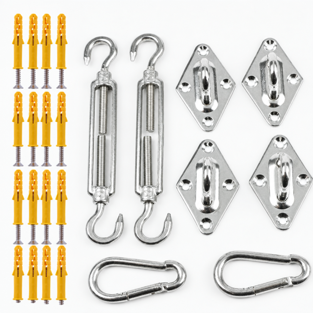 Kit de fixation voile d'ombrage inox 8 pièces avec tendeurs, œillets et mousquetons
