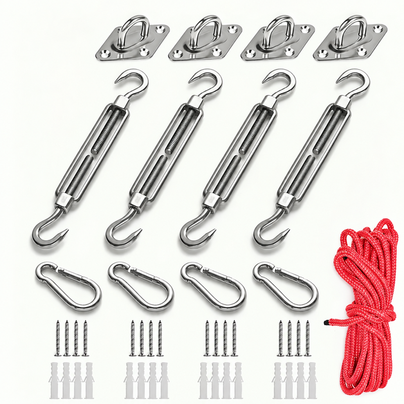 Kit de fixation voile d'ombrage inox 9 ou 13 pièces avec tendeurs et corde