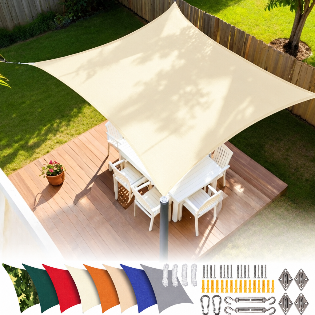 Voile d'ombrage rectangulaire résistant à l'eau, polyester 185 g/m², avec ou sans kit de fixation