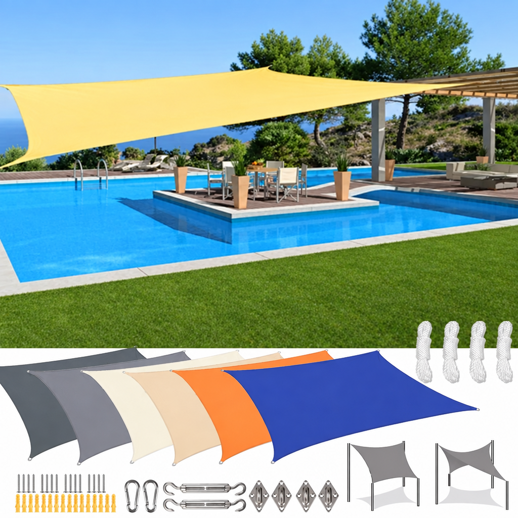 Voile d'ombrage rectangulaire polyester enduit PU anti-UV 98 %, 6 coloris, avec ou sans kit de fixation